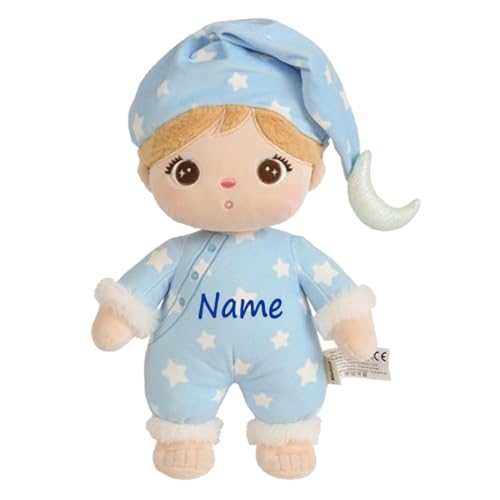 Elefantasie Personalisierte Schlafpuppe mit Schlafmütze weiche Plüschpuppe mit Namen Sternenmuster Schlafanzug Rosa und Blau (Hellblau) von Elefantasie