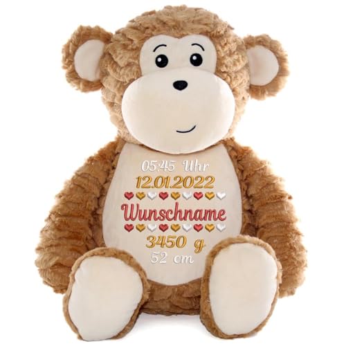 Elefantasie Personalisiertes Stofftier AFFE Kuscheltier Bestickt Plüschtier zur Geburt Stickmotiv Geburtsdaten von Elefantasie