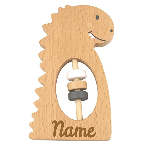 Elefantasie Rassel Spielzeug Dino aus Holz personalisierbar mit Name Baby Geschenk mit Gravur von Elefantasie