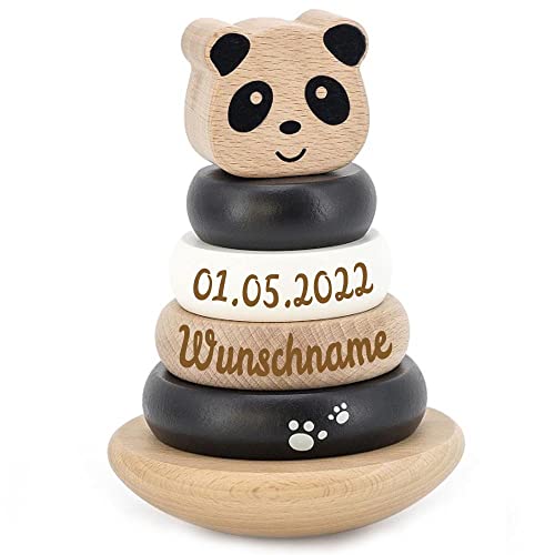 Elefantasie Stapelturm aus Holz Panda personalisierbar mit Name und Datum Baby Geschenk mit Gravur von Elefantasie