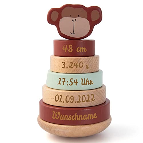 Elefantasie Stapelturm aus Holz AFFE braun personalisierbar mit Name und Geburtsdaten Baby Geschenk mit Gravur von Elefantasie