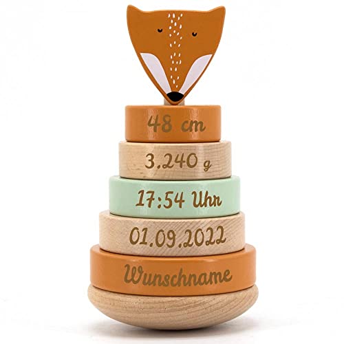 Elefantasie Stapelturm aus Holz Fuchs orange personalisierbar mit Name und Geburtsdaten Baby Geschenk mit Gravur von Elefantasie