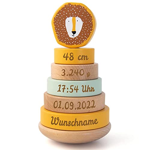 Elefantasie Stapelturm aus Holz Löwe gelb personalisierbar mit Name und Geburtsdaten Baby Geschenk mit Gravur von Elefantasie