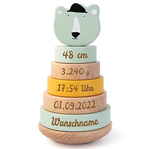 Elefantasie Stapelturm aus Holz Polarbär Mint personalisierbar mit Name und Geburtsdaten Baby Geschenk mit Gravur von Elefantasie