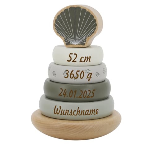 Elefantasie Stapelturm aus Holz personalisierbar mit Name und Datum Baby Geschenk mit Gravur (Oliv) von Elefantasie