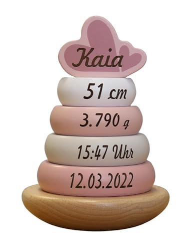 Elefantasie Holz Stapelturm rosa personalisierbar mit Name und Geburtsdaten Baby Geschenk mit Gravur Geschenk zur Geburt oder Taufe von Elefantasie