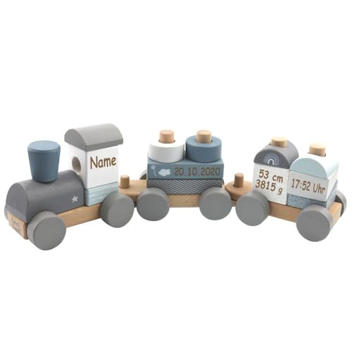 Elefantasie Holzzug Holz Eisenbahn blau personalisierbar mit Name und Geburtsdaten Baby Geschenk mit Gravur von Elefantasie