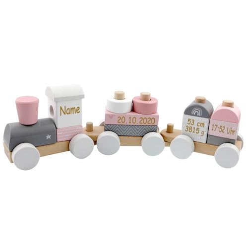 Holzzug Holz Eisenbahn rosa personalisierbar mit Name und Geburtsdaten Baby Geschenk mit Gravur von Elefantasie