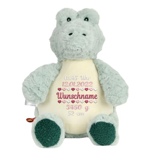 Elefantasie Stofftier Alligator mit Name Bestickt personalisiertes Kuscheltier mit Stickmotiv Geschenk Geburt (Geburtsdaten) von Elefantasie