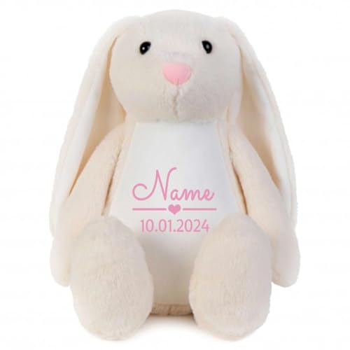 Elefantasie Stofftier Hase mit Name personalisiert Kuscheltier Stoffhase für Kinder Flauschiges Plüschtier 40cm (Beige - Datum) von Elefantasie