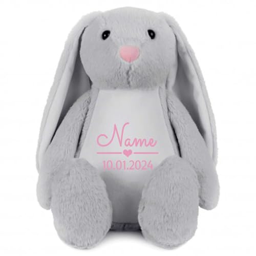 Elefantasie Stofftier Hase mit Name personalisiert Kuscheltier Stoffhase für Kinder Flauschiges Plüschtier 40cm (Grau - Datum) von Elefantasie