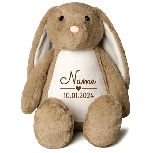 Elefantasie Stofftier Hase mit Name personalisiert Kuscheltier Stoffhase für Kinder Flauschiges Plüschtier 40cm (Hellbraun - Datum) von Elefantasie