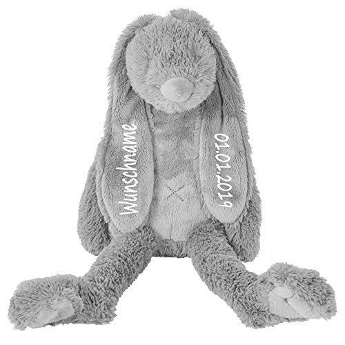 Elefantasie Stofftier Hase mit Namen und Geburtsdatum personalisiert Geschenk 30cm grau von Elefantasie