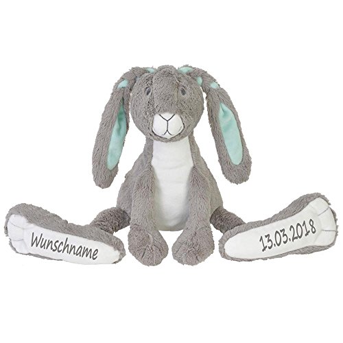 Elefantasie Stofftier Hase mit großen Füßchen mit Namen und Geburtsdatum personalisiert Geschenk grau 31cm von Elefantasie