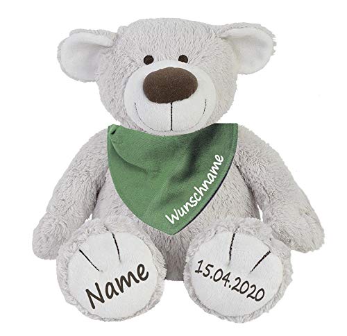 Elefantasie Stofftier Teddy Bär zartgrau und Baby Halstuch im Set mit Namen personalisiert grün von Elefantasie