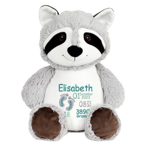 Elefantasie Stofftier Waschbär mit Name Bestickt personalisiertes Kuscheltier mit Stickmotiv Geschenk Geburt (Füßchen) von Elefantasie