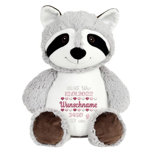 Elefantasie Stofftier Waschbär mit Name Bestickt personalisiertes Kuscheltier mit Stickmotiv Geschenk Geburt (Geburtsdaten) von Elefantasie