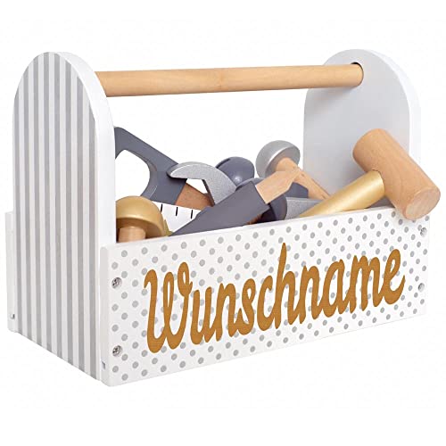 Elefantasie Werkzeugkiste Werkzeugkasten aus Holz grau personalisierbar mit Name Baby Geschenk mit Gravur von Elefantasie