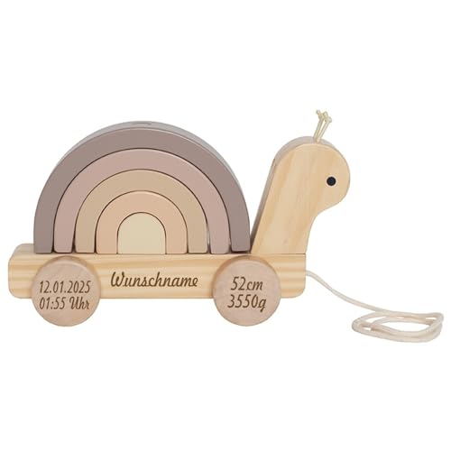 Nachziehtier aus Holz personalisierbar mit Name und Geburtsdaten des Kindes Gravur Holzspielzeug Ziehtier Schnecke ab 18 Monaten von Elefantasie