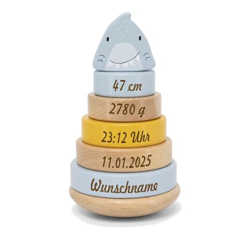 Personalisierter Stapelturm aus Holz von Trixie mit Namen und Geburtsdaten graviert Geburtsgeschenk (Hai) von Elefantasie