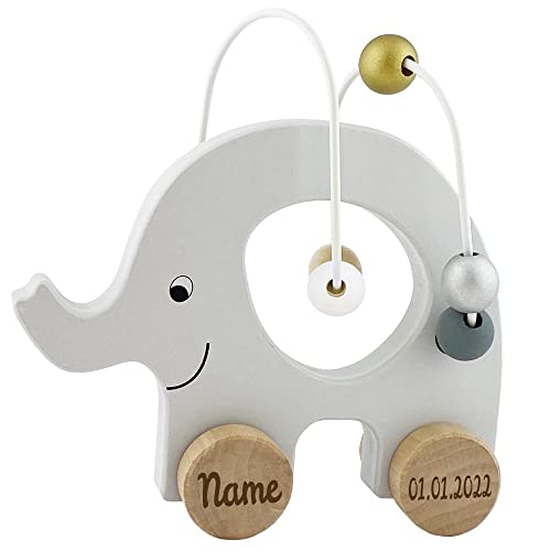 Spielzeug Elefant mit Abakus aus Holz personalisierbar mit Name und Datum Baby Geschenk mit Gravur von Elefantasie