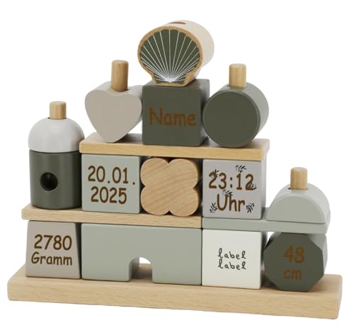 Steckspiel Haus personalisierbar mit Name und Geburtsdaten Baby Geschenk mit Gravur (Oliv) von Elefantasie
