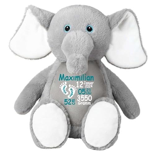 Stofftier Elefant grau mit Name personalisiert Kuscheltier für Kinder Flauschiges Plüschtier 40cm Motiv Füßchen von Elefantasie