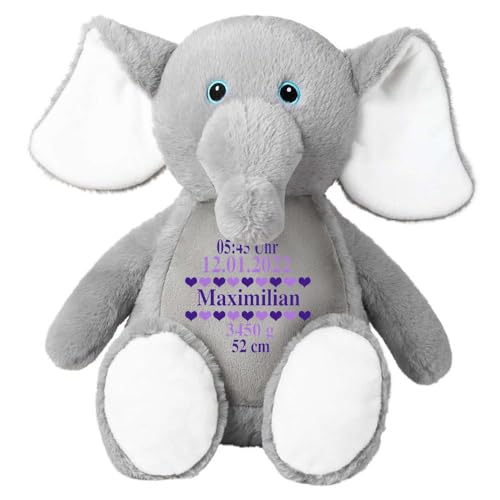 Stofftier Elefant grau mit Name personalisiert Kuscheltier für Kinder Flauschiges Plüschtier 40cm Motiv Geburt von Elefantasie