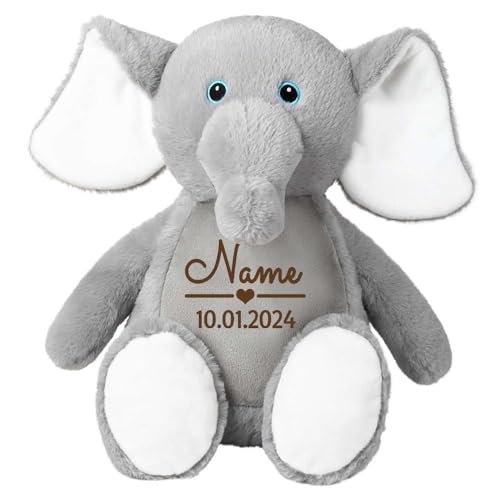 Stofftier Elefant grau mit Name personalisiert Kuscheltier für Kinder Flauschiges Plüschtier 40cm Motiv Name und Datum Stofftier Elefant grau mit Name personalisiert Kuscheltier für Kinder Flauschiges Plüschtier 40cm Motiv Name und Datum von Elefantasie