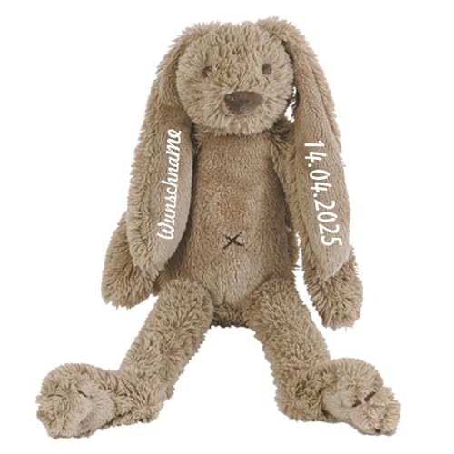 Elefantasie Stofftier Hase mit Namen und Geburtsdatum personalisiert Geschenk 30cm braun Aufdruck blau von Elefantasie