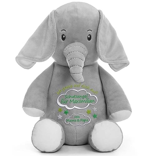 Stofftier mit Name Bestickt personalisiertes Kuscheltier Elefant grau Stickmotiv Schutzengel von Elefantasie