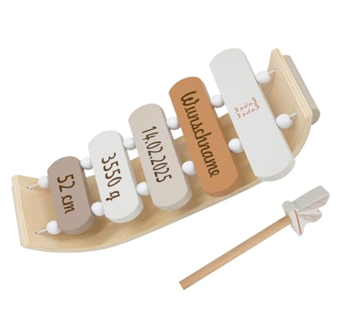 Xylophone aus Holz personalisierbar mit Name und Geburtsdaten Geschenk zur Geburt (Beige) von Elefantasie