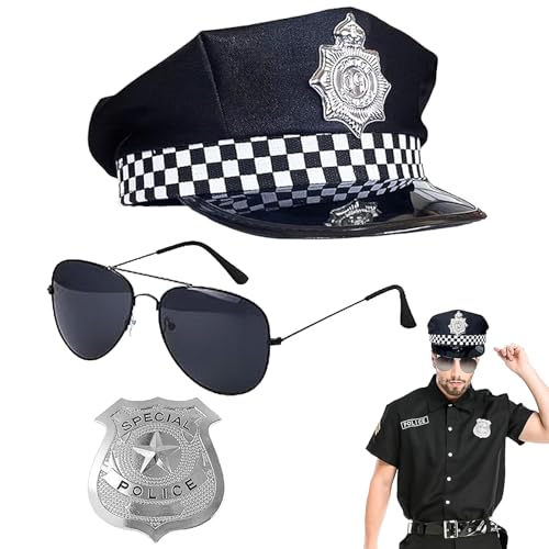Elegance-go Polizei-Kostüm-Set,Polizei Kostüm Damen Herren 3-teiliges mit hut, Abzeichen, Sonnenbrille für Erwachsene, Cosplay, Halloween, Mottoparty, Rollenspiele von Elegance-go
