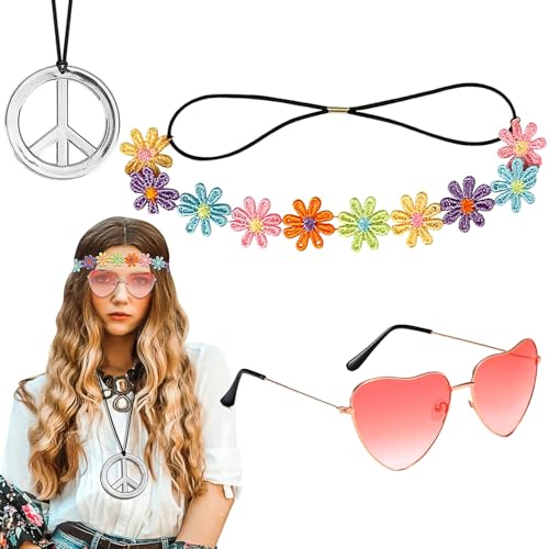 Elegance-go Hippie Kostüm Damen,3 Stück Hippie Accessoires Vintage Hippie Brille Blume Stirnband Friedenszeichen Halskette für 60er 70er 80er Damen Herren,Kleidungs-Accessoire,Hippie-Partyzubehör von Elegance-go