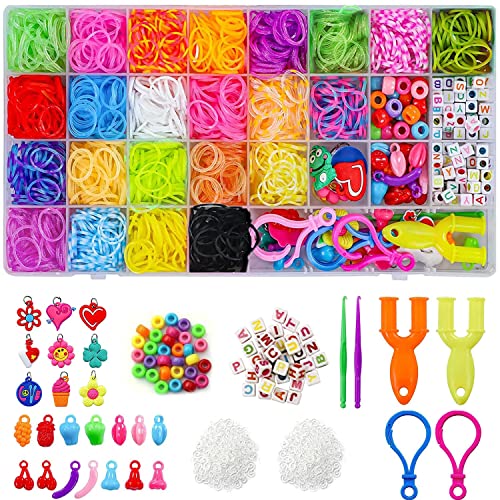 Elekin Loom Bänder Set für Kinder, 2000+ Bunt Gummibänder DIY Loombänder Kasten Mit Zubehör (Perlen, Anhänger, Charms, Y Loom, S-Clips und Häkelnadeln) für Armbänder, Geschenk für Junge Mädchen von Elekin