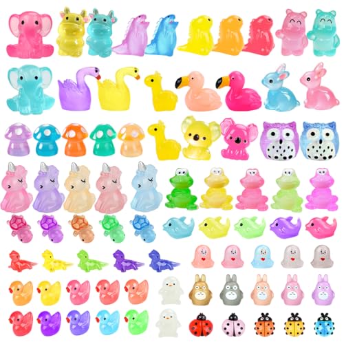 80 Stück Mini Harz Tierfiguren Set, Leuchtende Harz Tiere, Miniatur Figuren Kleine Kaninchen Dinosaurier Elefanten Koalas Eulen zum Basteln für Aquarium Puppenhaus Miniaturgarten Landschaftsgärten von Elektheim