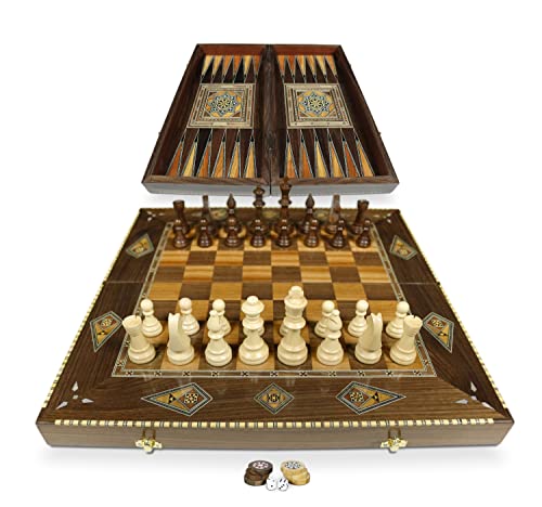 Elessar Neu 50 x 50 cm, Das Original Holz Backgammon Tavla/Schachspiel/DAMA Brett BT 507 mit 30 Holz Backgammon Steine, und inkl. KH 95 mm Holz Schach Figuren von Elessar