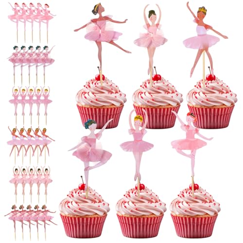 ElevateTech 36 Stück Ballerina Cupcake Toppers Geburtstagsdeko für Mädchen Tinkerbell Desserts Muffins Eiscreme Hochzeit Babyparty Geburtstagsfeier (Pink) von ElevateTech