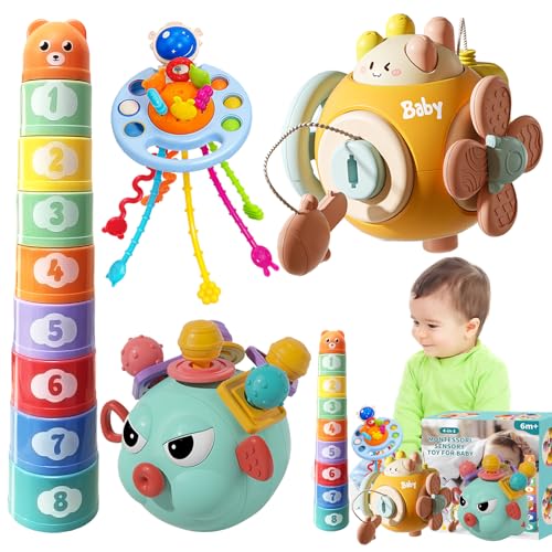 Elfew 4 in 1 Baby Spielzeug für 6 bis 12 Monate, Montessori Sensorisches Baby Spielzeug, Stapelspielzeug, Quetsch Bälle, Beißring, Geschenk für ab 6 9 12 Monate von Elfew