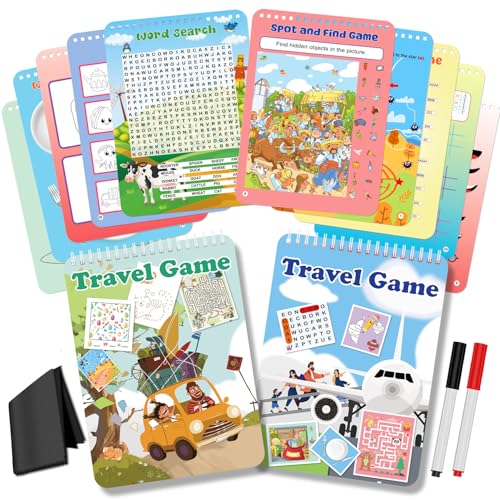Elfew Wiederverwendbares Aktivitätsspiel für Kinder im Alter von 4–8, 8–12, Reisespiele enthalten 56 verschiedene Spiele, 1–2 Spieler, Spielzeug und Lernwerkzeug für Autoreisen, Flugzeugaktivitäten, 2 von Elfew