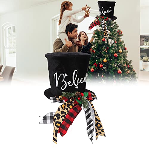 ElgnAura Weihnachtsbaumtopper, großer schwarzer Baum -Top -Hut mit rotem kariertem Bogen, atemberaubende Baumkranzdekorationen für Urlaubsfeiern und Wohnkultur von ElgnAura