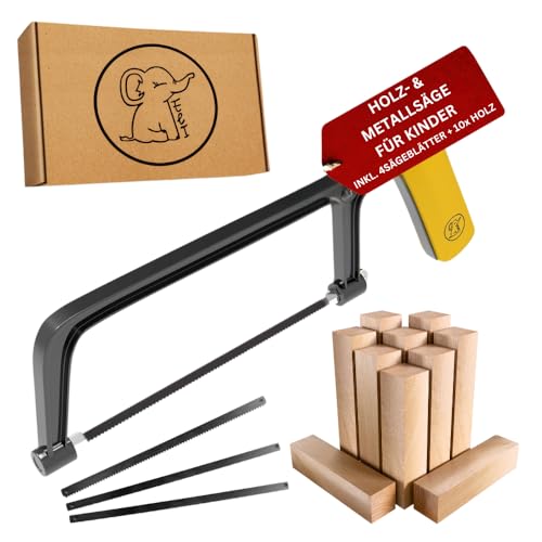 Eli® Kindersäge ab 6 Jahre inkl. 4 Sägeblätter für Holz und Metall- echte Bügelsäge zum Basteln – werkeln – reparieren für alle Baumeister und Bauarbeiter - Säge für Kinder (Gelb mit Holz) von Eli