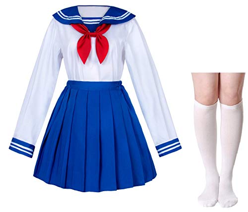 Elibelle Japanische Schulmädchen Uniform Sailor Marineblau Faltenrock Anime Cosplay Kostüme mit Socken Set (SSF13), bule, 3XL von Elibelle