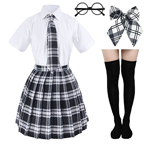 Elibelle Japanisches Schottenkaro, plissierte Schuluniform, Cosplay-Kostüme mit Socken,, Schwarz, S/Etikett L von Elibelle