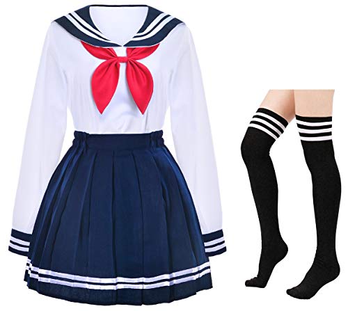 ElibelleAZB SSF13 Japanische Schule Mädchen Uniform Matrock, Faltenrock Anime Cosplay Kostüm mit Socken, Marineblau - blau - M von Elibelle
