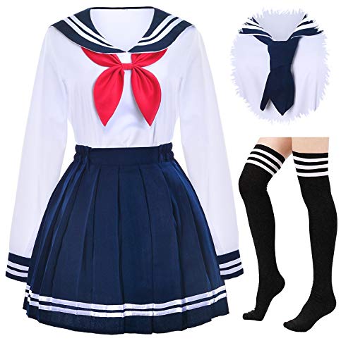 ElibelleAZB SSF13 Japanische Schule Mädchen Uniform Matrock, Faltenrock Anime Cosplay Kostüm mit Socken, Marineblau - blau - M von Elibelle