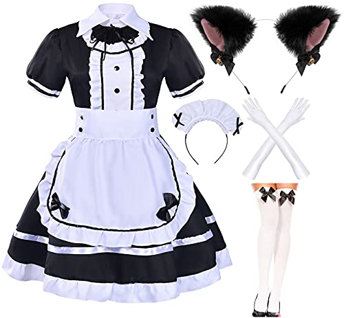 Japanische Anime Sissy Dienstmädchen Kleid Cosplay Sweet Classic Lolita Fancy Schürze Socken Handschuhe Pelzkopfbedeckung Set (5XL) von Elibelle