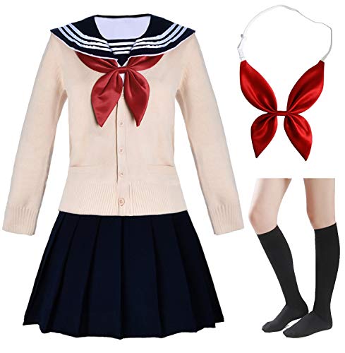 Japanische Schulmädchen Kurzarm Uniform Matrosen Marineblau Faltenrock Anime Cosplay Kostüme mit Socken Set - Beige - L von Elibelle
