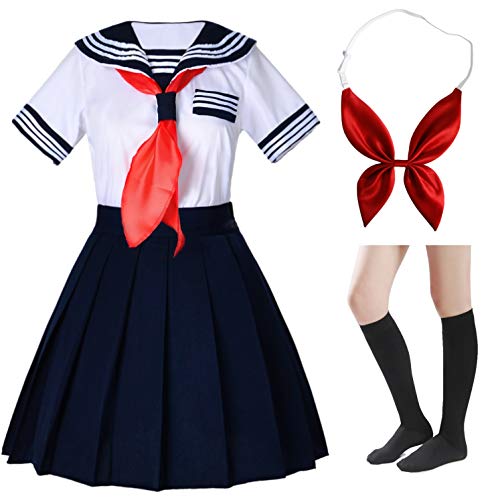 Japanische Schulmädchen Kurzarm Uniform Matrosen Marineblau Faltenrock Anime Cosplay Kostüme mit Socken Set - Blau - XXL von Elibelle
