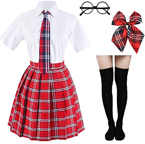 Japanisches Schottenkaro, plissiert, Schuluniform, Cosplay-Kostüme mit Socken, Brillenrahmen, rot, S/Etikett L von Elibelle